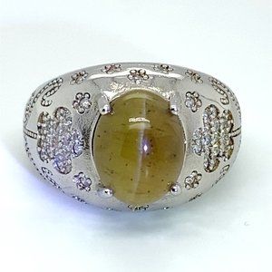 Cats Eye Apatite 5.88ct Rhodium Finish Solid 925 Sterling Silver Ring